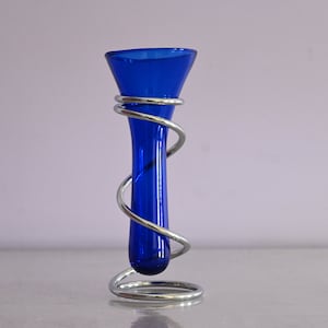 Small blue vase in glass and chrome metal