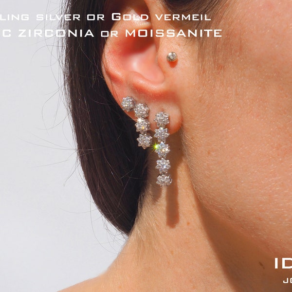 3 oder 5 Blumen Diamant Ohrringe. Lange Gänseblümchen Ohrringe. CZ oder Moissanit Ohrringe. Braut Blüten Ohrringe. Silber