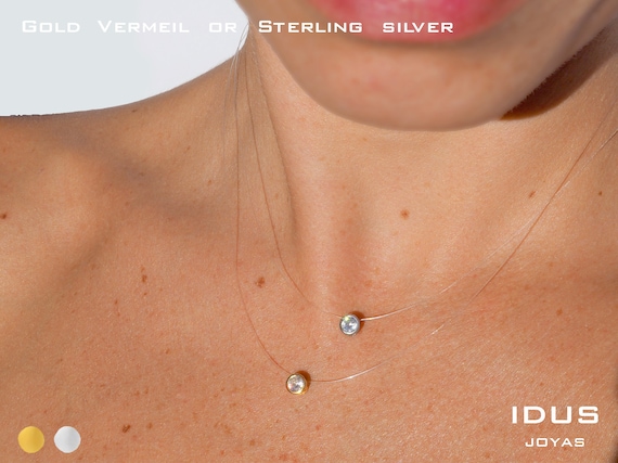 Sterling Silver Invisible Necklace. Floating Diamond Necklace