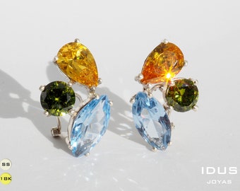 Three stone earrings. Multi gem earrings. Multi color earrings. Aquamarine peridot citrine cluster stud earrings. Large statement earrings