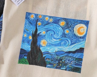 CaTaKu Van Gogh The Starry Night - Bolsas de yute con asas y cremallera,  reutilizables, bolsas de arpillera con bolsillo frontal de lona, bolsas de