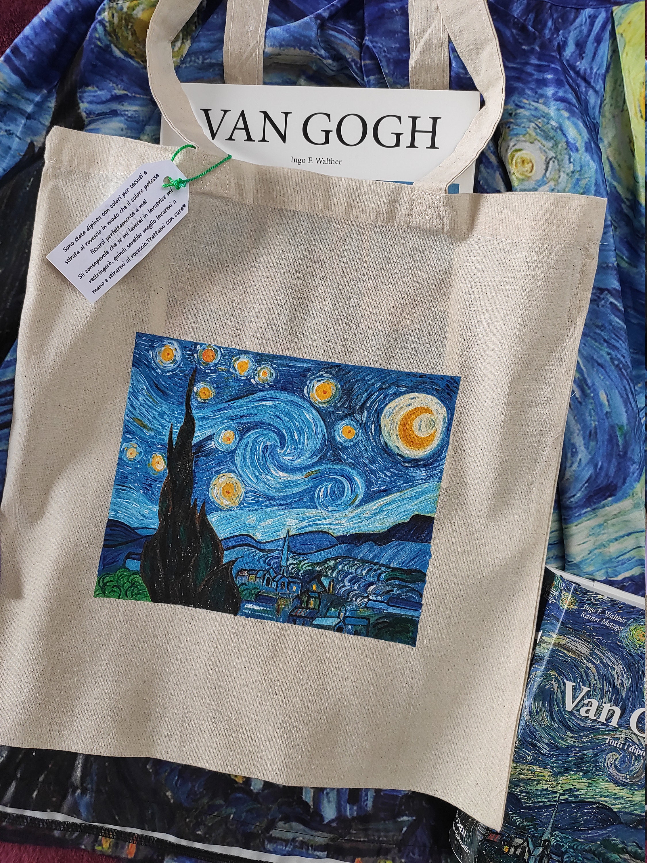 CaTaKu Van Gogh The Starry Night - Bolsas de yute con asas y cremallera,  reutilizables, bolsas de arpillera con bolsillo frontal de lona, bolsas de