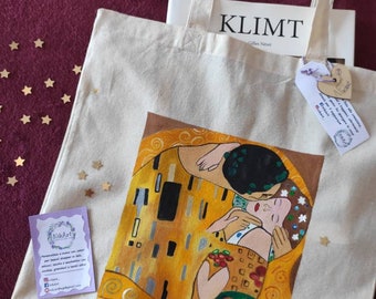 Shopper dipinta a mano, Il Bacio di Klimt, Borsa di tela a tema arte, Idea regalo fidanzamento, Eco sostenibile e personalizzabile