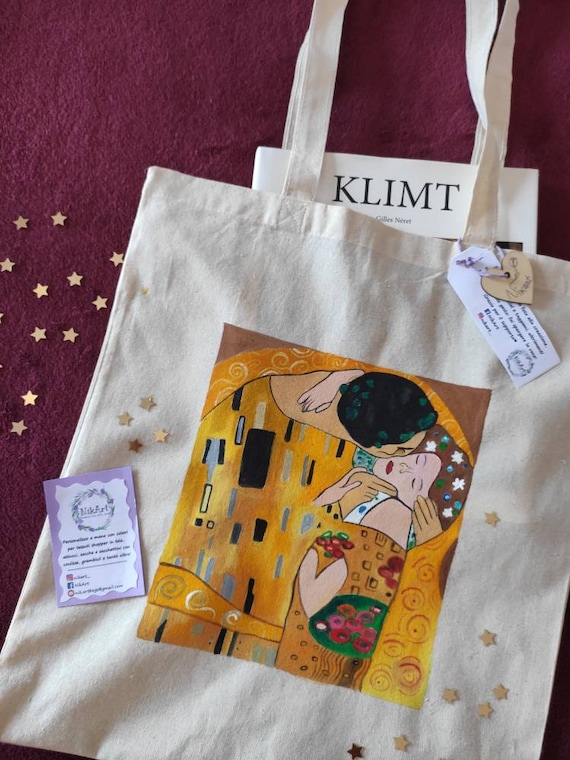 Shopper dipinta a mano, Il Bacio di Klimt, Borsa di tela a tema