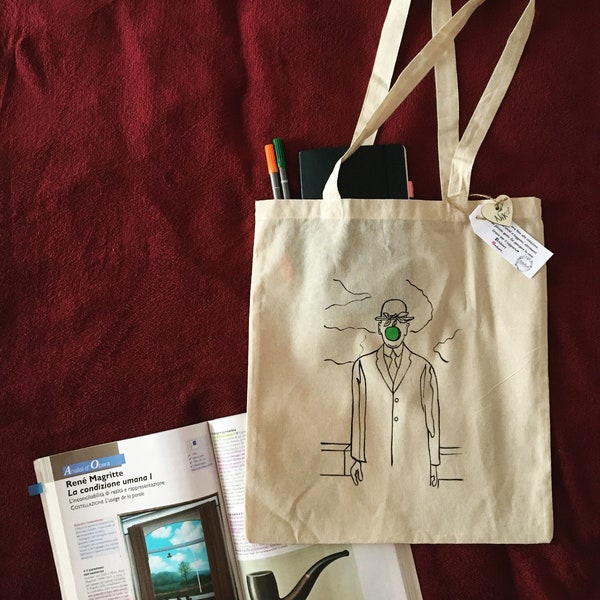 Borsa di tela dipinta a mano\MAGRITTE, Uomo con mela, Il figlio dell'uomo\ Idea Regalo Arte\ Eco sostenibile