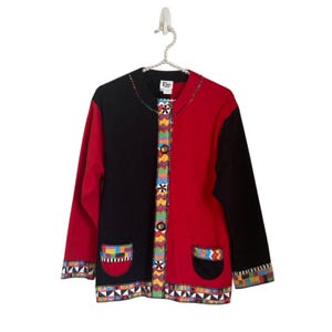LRW Designs Atlanta XL HandPainted Cotton Red Black ColorBlock Jacket Blazer Art