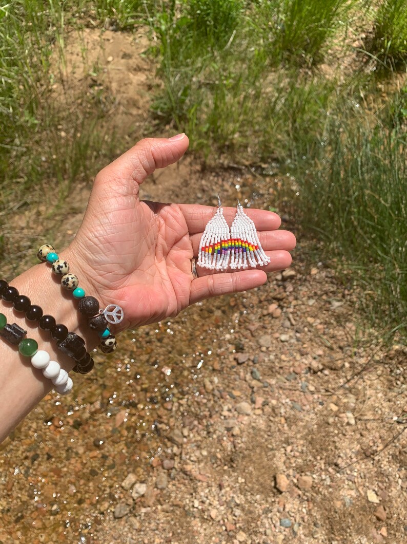 Connecting rainbow seed bead earrings