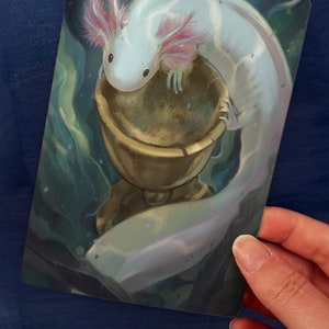 Carte postale d'art "Axolotl" - axolotl mignon autour d'une tasse, carte de tarot