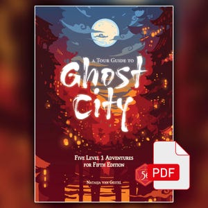 Puede incluir: Portada de libro PDF digital con el título "A Tour Guide to Ghost City" en letras blancas estilizadas. La portada presenta una escena nocturna con luna llena, árboles silueteados y una combinación de colores rojo y naranja. También es visible el texto "Five Level 1 Adventures for Fifth Edition".