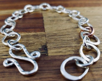 Sterling silver bracelet | hammered bracelet with copper link | Handmade silver jewellery