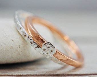 Sterling silver and copper stacker rings | Textured stacking rings with embellishments | Handmade