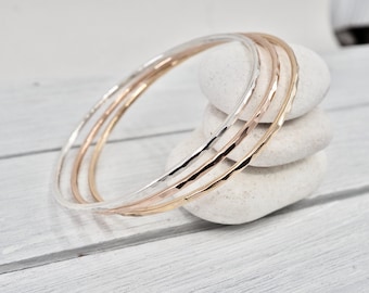 Skinny bangle | 2mm hammered silver and gold bangle | Skinny bangle set | Handmade in Perth, WA