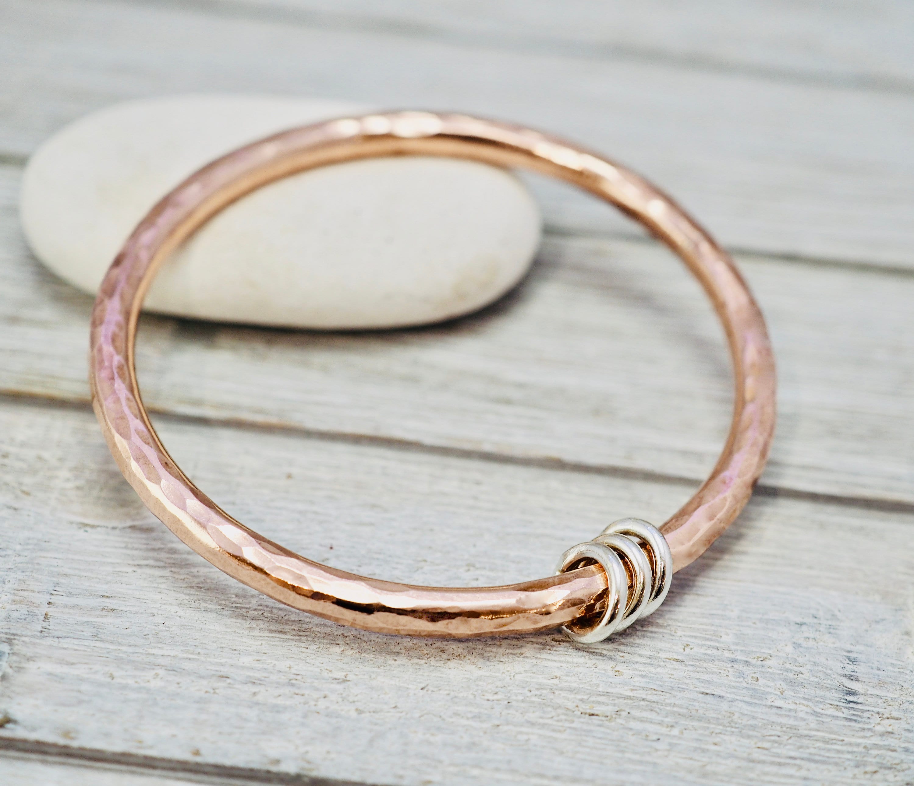 Heavy copper bangle with silver detail Hammered copper stacking