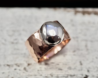 Wide copper band with silver feature | Chunky hammered band with large silver ball | Handmade copper jewellery | Copper statement ring