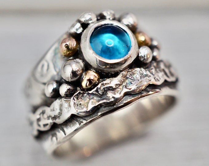 Featured listing image: Swiss Blue Topaz Statement Ring | Blue Topaz ring with 9ct gold | Handmade sterling silver jewellery | Topaz birthstone ring | Gift for her