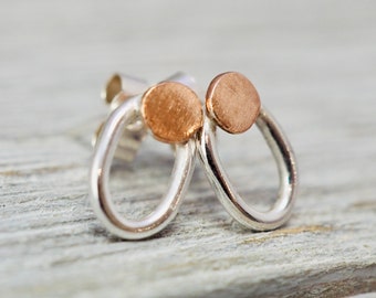 Tiny little silver stud with copper | Sterling silver oval studs with copper detail | Gift for wife | Best friend gift | Mothers day gift
