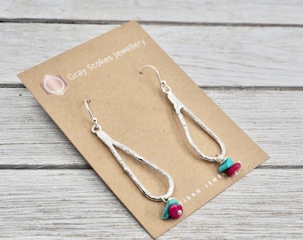 Teardrop dangles with stone chips | Solid silver tear earrings with colourful stone chips | Handmade silver jewellery | Gift for her