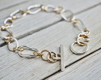 Asymmetrical silver bracelet with gold links | Sterling silver organic bracelet with gold links | Handmade silver jewellery | Gift for her