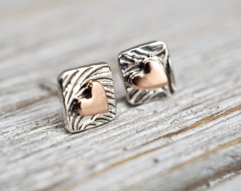 Little copper heart studs | Sterling silver and copper heart earrings | Tiny heart studs | Handmade copper jewellery | Gift for her