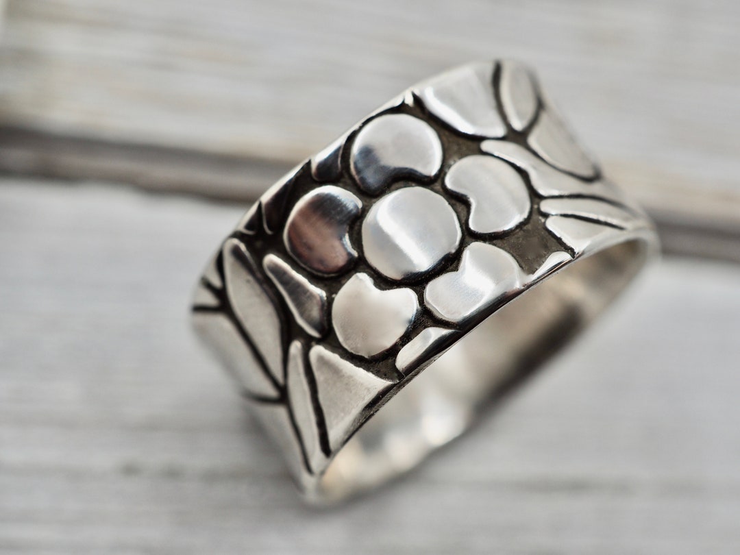 Silver Floral Ring | Wide Sterling Silver Flower Band | Wide Silver ...