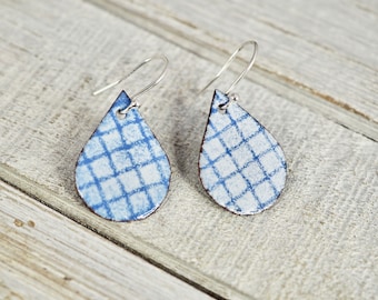 Blue enamel earrings | Blue and white enamel earrings | Teardrop blue earring | Copper and sterling silver jewellery | Gift for her