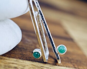 Emerald drop earrings | Sterling silver hammered square hoops with emeralds | Handmade Sterling silver jewellery | Mothers day gift