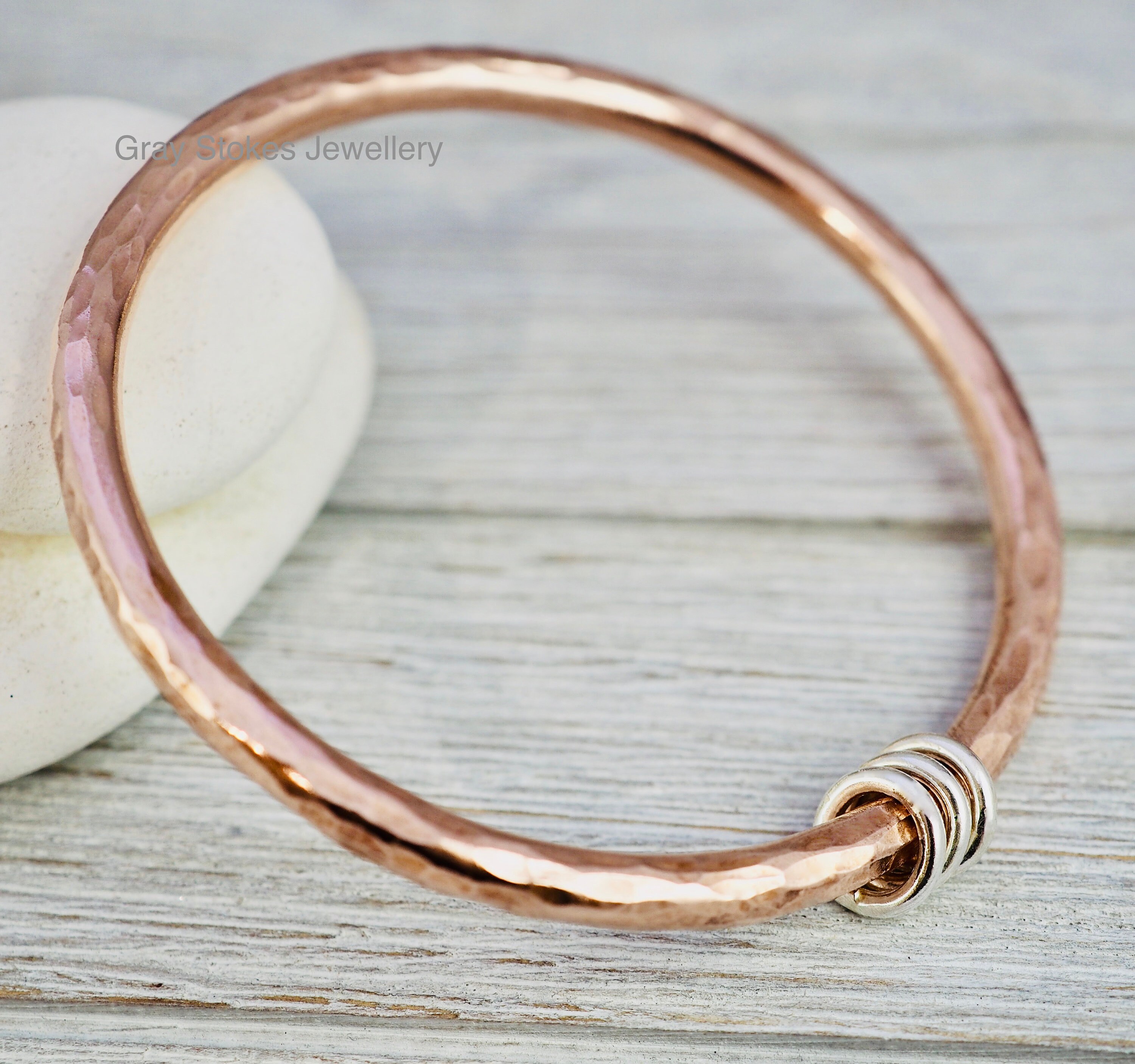 Heavy copper bangle with silver detail Hammered copper stacking