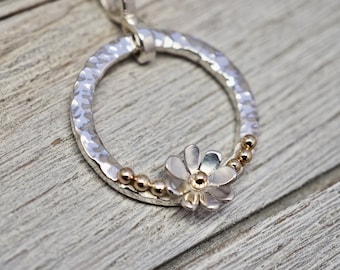 Flower pendant | Solid gold and solid silver floral pendant | Daisy necklace | handmade silver and gold necklace |  Gift for her