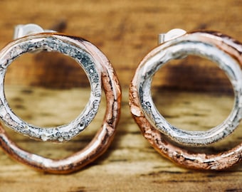 Copper and silver textured studs | 925 Sterling Silver | Handmade silver jewellery