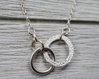 Entwined circle infinity necklace with 9ct solid gold link | Handmade sterling silver circles necklace | Gift for her | Best friend gift