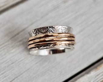 Silver and rose gold spinner ring | Silver and gold fill fidget ring | Solid sterling silver anxiety ring | Silver handmade jewellery