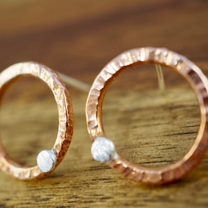 Copper circle earrings with sterling silver dot | Handmade copper and silver jewellery