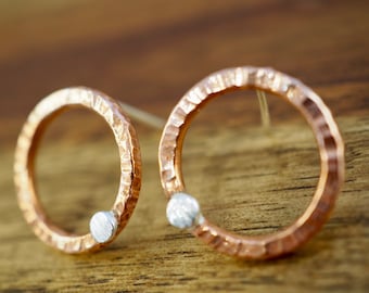 Copper circle earrings with sterling silver dot | Handmade copper and silver jewellery