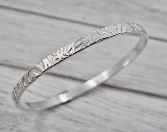 Floral silver bangle | Wide silver bangle with floral embossing | Handmade silver jewellery | Sterling silver bangle | Gift for her