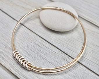 Double gold bangle set with silver loops | Gold circles bangle with silver links | Gold bangle set | Handmade jewellery | Gift for her