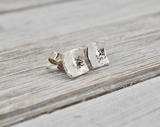Featured listing image: Silver square earrings | Little sterling silver studs | Small hammered silver earrings | Handmade sterling silver jewellery | Silver studs