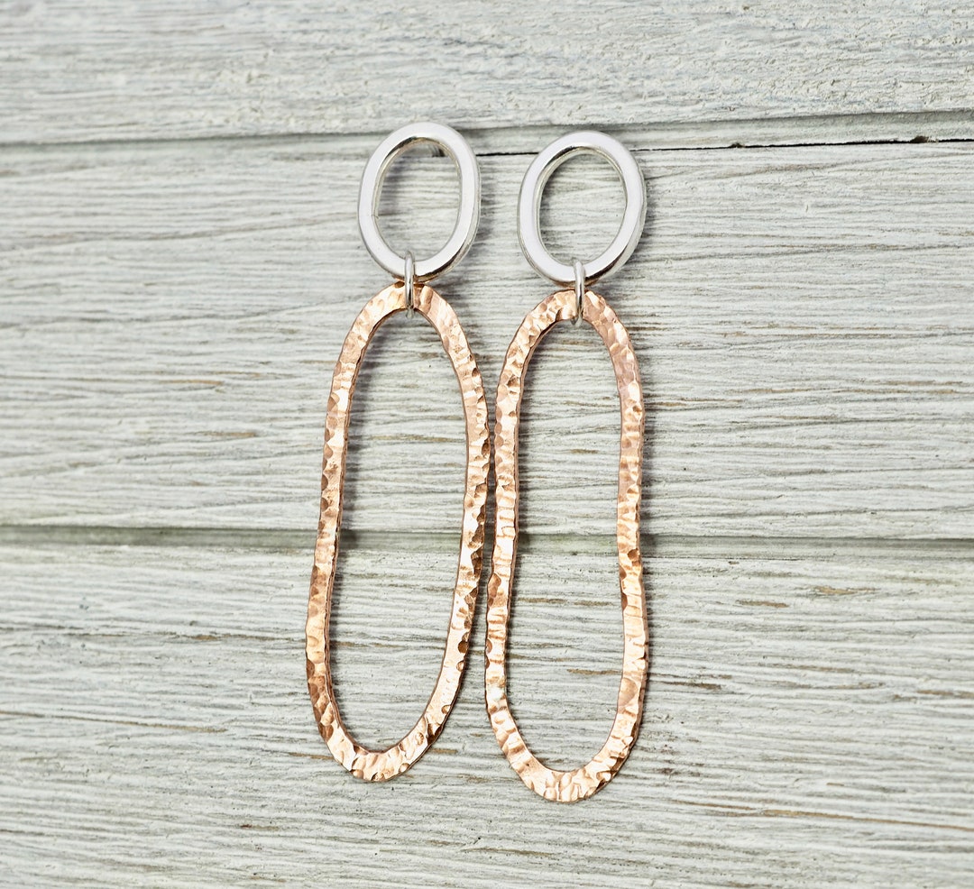 Sterling Silver and Copper Dangly Earrings Hammered Copper and Silver