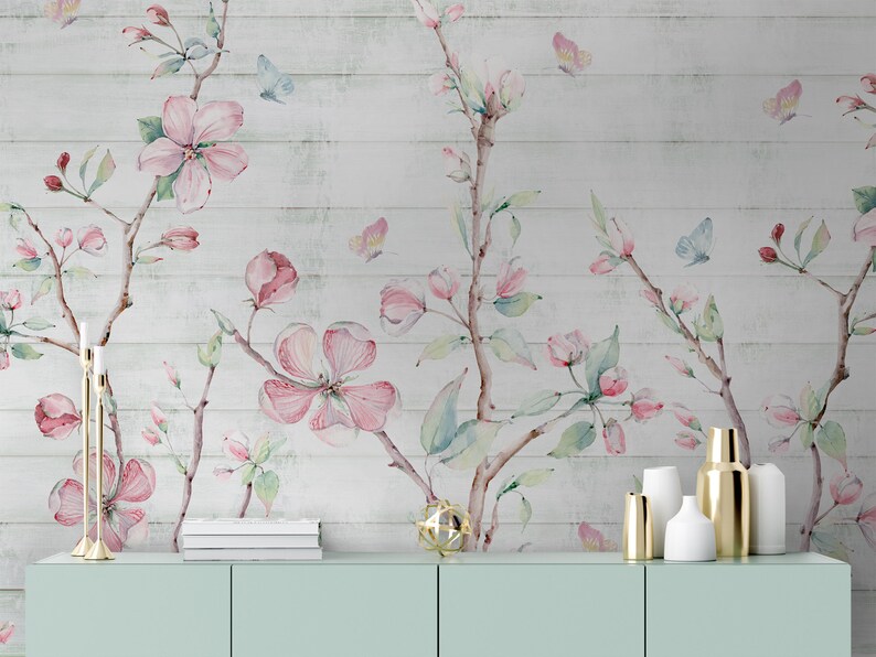 Watercolor Cherry Blossom Peel and Stick Removable Wallpaper Etsy