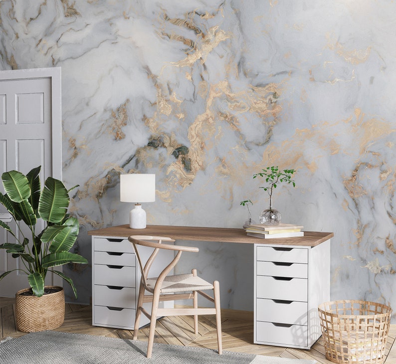 Art Wallpaper Peel and Stick Gold Marble Wall Mural Self Etsy