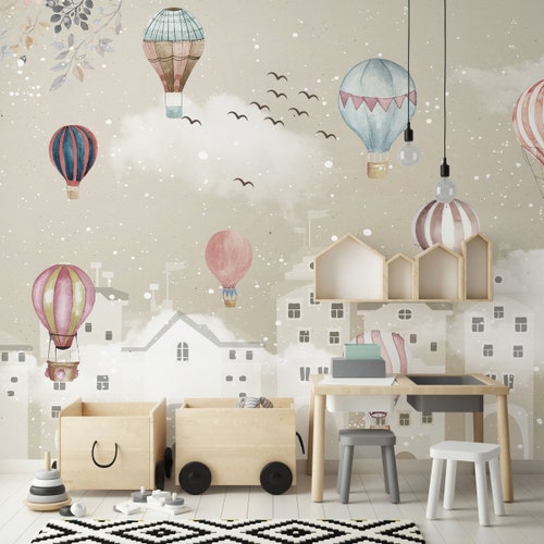 Peel and Stick Removable Kids Wallpaper Cartoon Winter Landscape Wall Mural Self Adhesive Colorful Hot Air Balloon Wallpaper Nursery