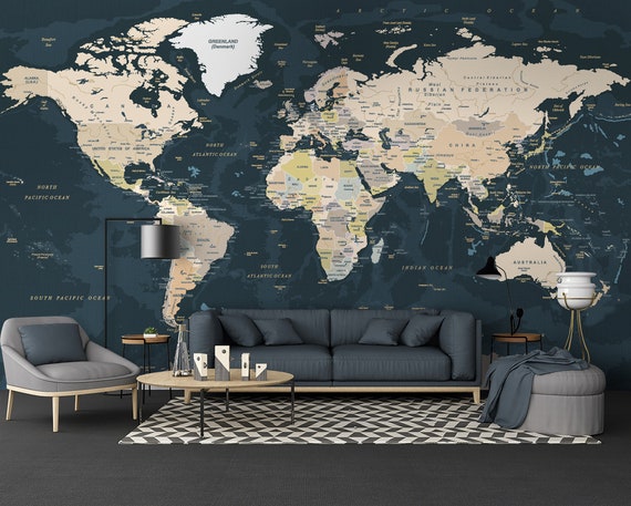 Map Wallpaper Peel And Stick Self Adhesive Dark Political Etsy