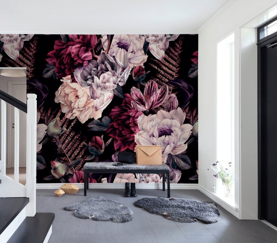 Dark Floral Wallpaper Removable Peel And Stick Self Adhesive Etsy Dark Floral Wallpaper Removable Peel And Stick Self Adhesive Etsy