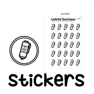 Può includere: Adesivi bianchi con un design a penna e una simpatica illustrazione di orso. La parola "Stickers" è scritta in nero. Viene mostrato anche un foglio di adesivi con il logo Aubriel Boutique.