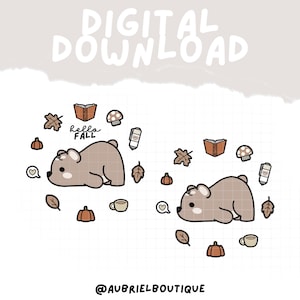 Può includere: Download digitale con due illustrazioni identiche di un orso marrone chiaro circondato da icone a tema autunnale, tra cui zucche, foglie, un libro, un fungo, una tazza di caffè e una nuvoletta a forma di cuore. Il testo recita "DIGITAL DOWNLOAD", "hello FALL" e "@AUBRIELBOUTIQUE".