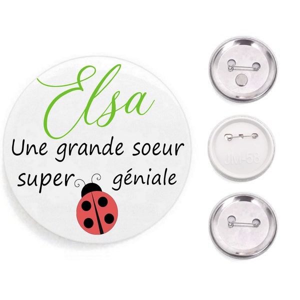 Magnet coccinelle, badge grande soeur, personnalisable, prénom au choix