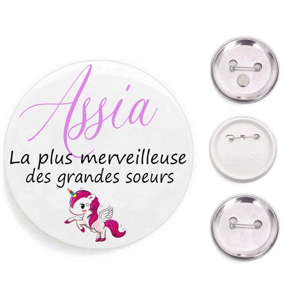 Badge licorne, magnet grande soeur, personnalisable, prénom au choix