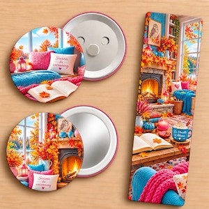 Peut inclure: Deux badges ronds et un marque-page rectangulaire illustrant une scène d'automne chaleureuse avec une cheminée, des feuilles mortes, un livre ouvert et une tasse avec le texte "La Chouette d'Athéna" et "Saison du cocooning" sur les coussins.