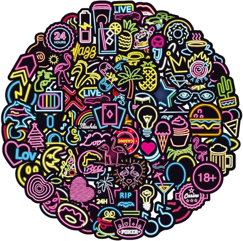 May include: A set of 100 neon-colored stickers featuring various designs, including hearts, stars, palm trees, flamingos, light bulbs, dice, and the words "Live", "Love", "Flashda", "Casino", "Poker", "RIP", "24H", "18+", and "Darts".