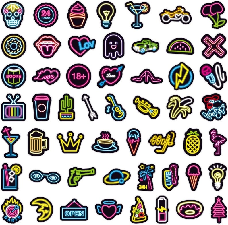 May include: A collection of 48 neon signs with various designs, including a skull, a cupcake, a lightbulb, a martini glass, a motorcycle, a flower, a donut, a tongue, a heart, a ghost, a car, a watermelon, a cross, a book, a cactus, an arrow, a guitar, a trumpet, a palm tree, a crown, a coffee cup, an ice cream cone, a pineapple, a flamingo, a glass of ice, a pair of sunglasses, a gun, a planet, a dartboard, a crescent moon, an open sign, a heart with wings, a pizza slice, a battery, and a donut.