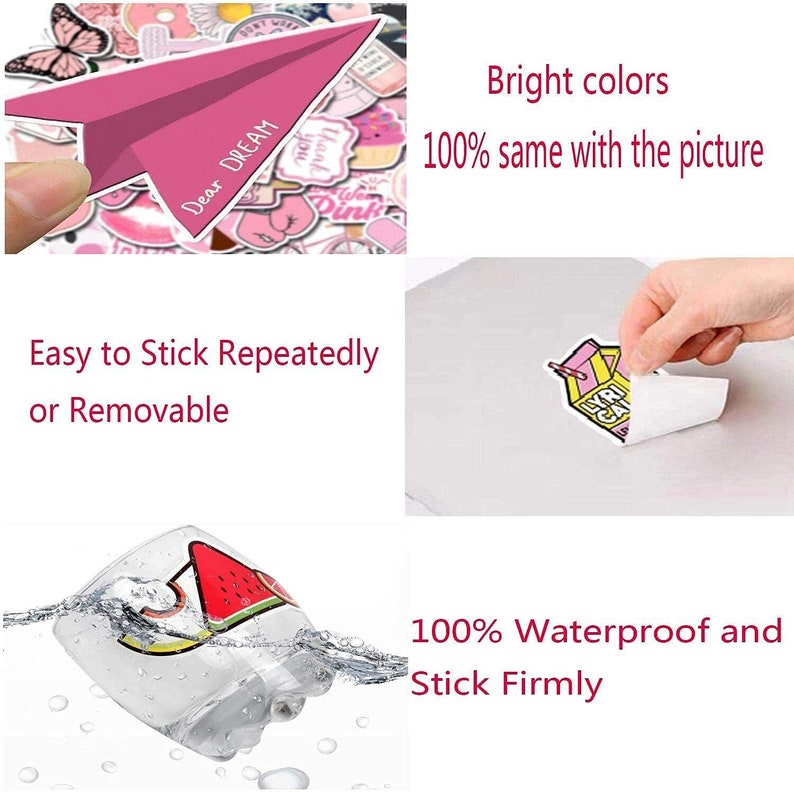 May include: A set of colorful waterproof stickers featuring various designs, including a pink paper airplane with the text "Dear Dream", a watermelon slice, and a milk carton with the text "Lyric Cafe".